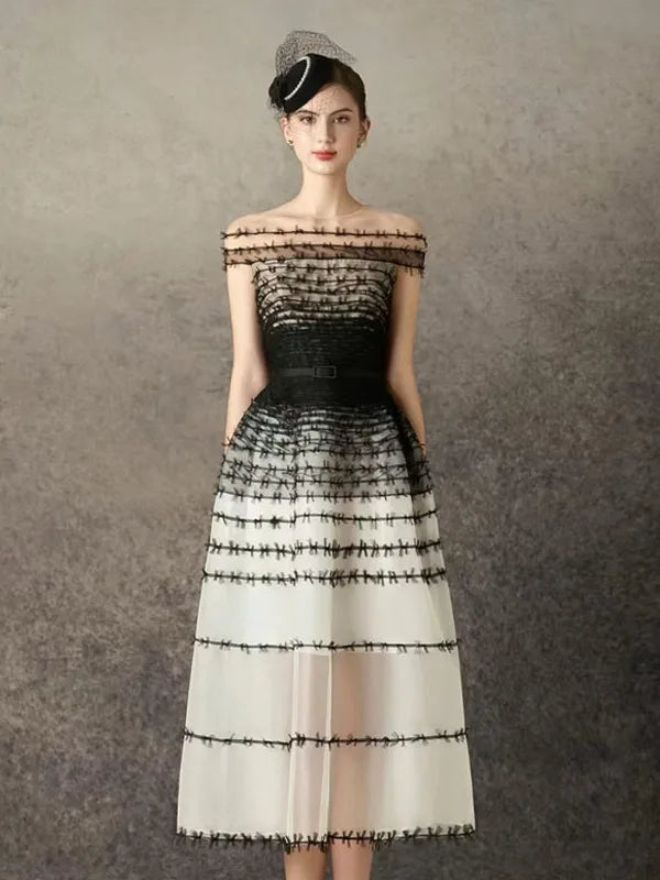 Off Shoulder A Line Midi Dress Women | Sheer Mesh Elegant Party Dress