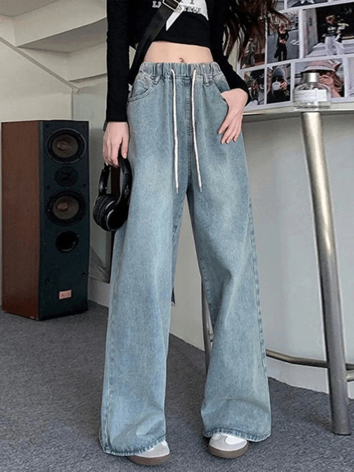Women Baggy Wide Leg Jeans High Waist Drawstring Denim Trousers