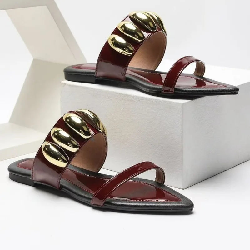 Women’s Pointed Toe Slide Sandals – Gold Chain Flat Mules for Casual, Party & Summer Fashion