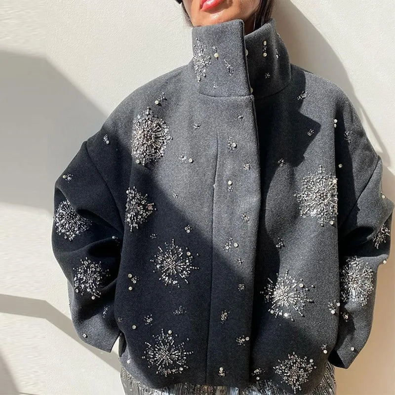 Women’s Embellished Wool Coat | Luxury Oversized High Neck Jacket