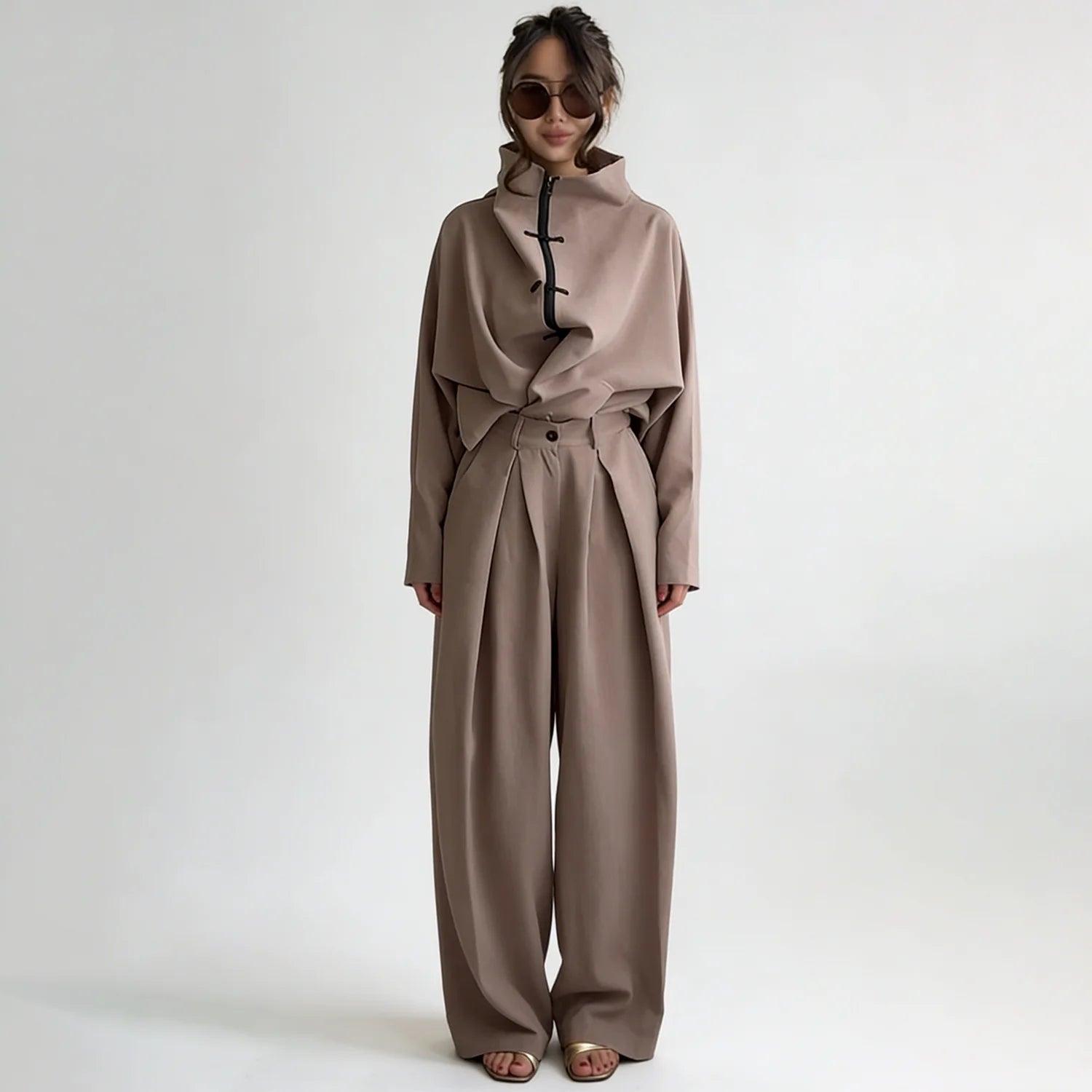 Women's Oversized High Neck Top & Wide Leg Trousers Co-Ord Set | Minimalist Relaxed Two Piece Outfit