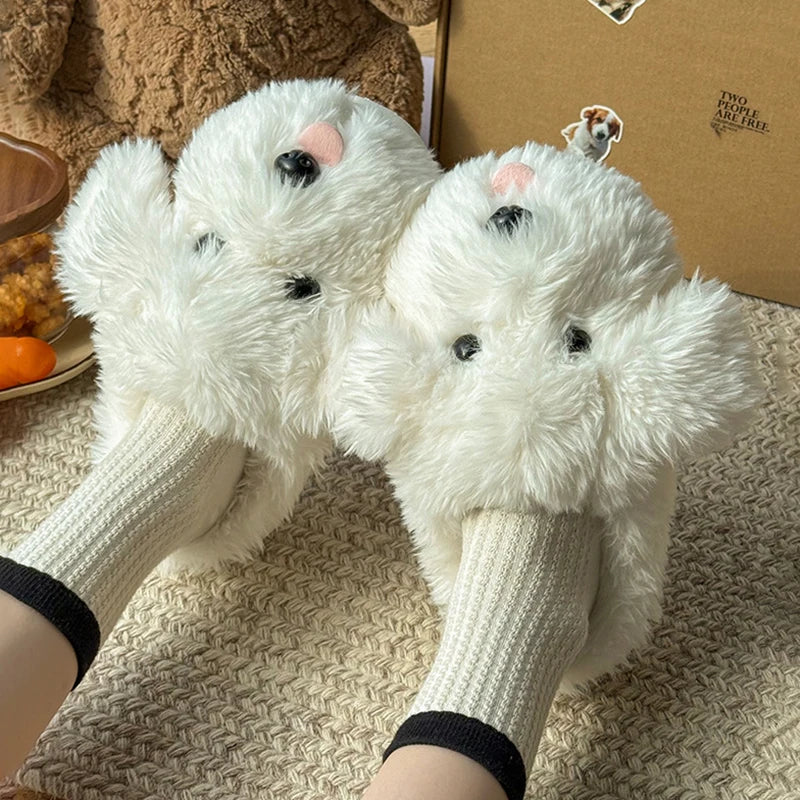 Women’s Cute Plush Dog Slippers – Soft Furry Indoor House Slippers for Winter Comfort & Cozy Home Wear