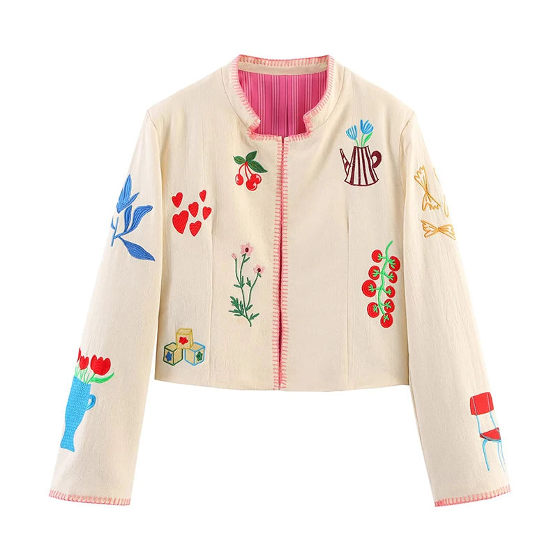 Women’s Embroidered Cropped Jacket | Vintage Cream Artistic Floral Casual Statement Coat