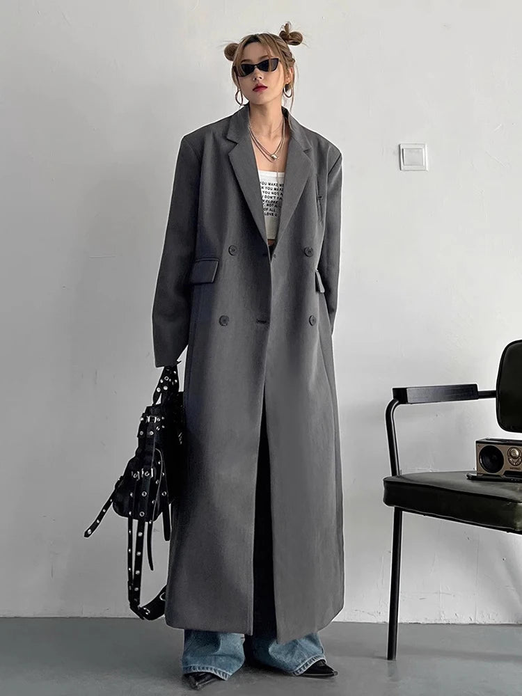 Women’s Oversized Double Breasted Long Coat | Minimalist Charcoal Maxi Blazer Jacket