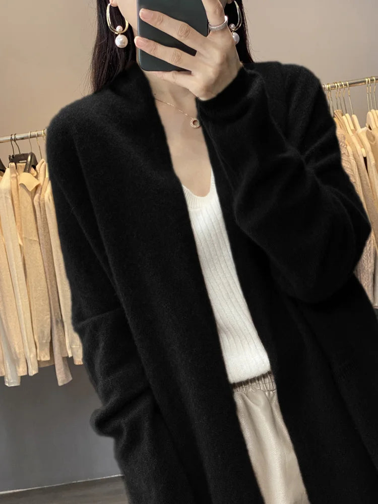 Women’s Long Brown Knit Cardigan Coat | Minimalist Open Front Cozy Sweater Jacket