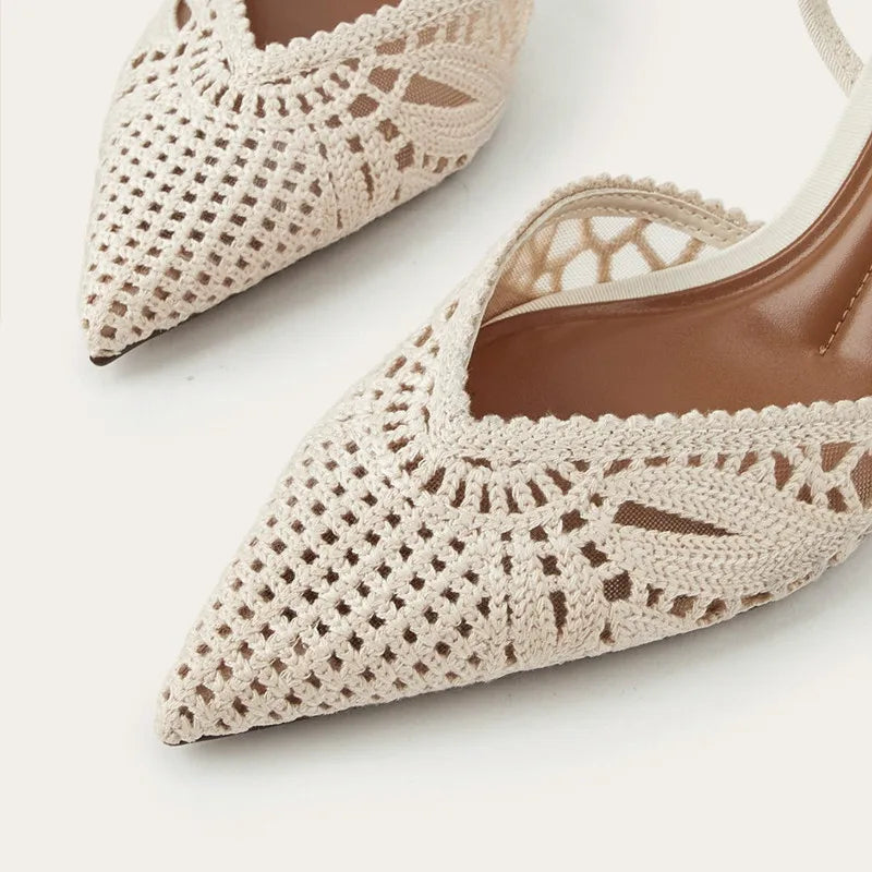 Women’s Crochet Slingback Heels – Elegant Pointed Toe Pumps for Party, Wedding & Summer Occasion Wear