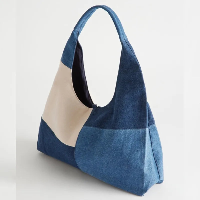Denim Hobo Shoulder Bag for Women | Casual Patchwork Tote Handbag | Minimalist Everyday Purse | Trendy Denim Carry Bag