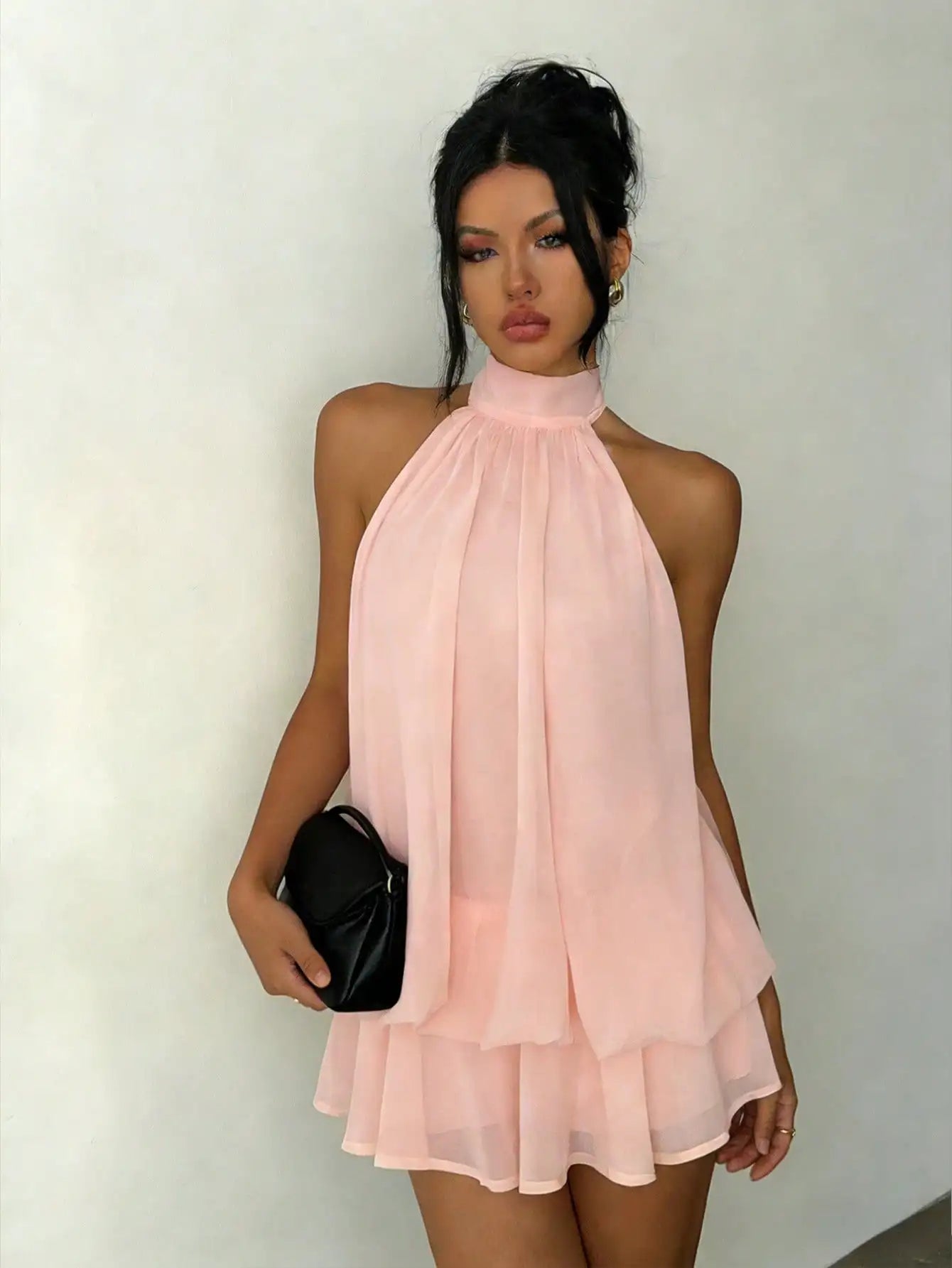 Women’s Blush Pink Halter Neck Chiffon Mini Dress | Flowy Layered A-Line Cocktail Dress for Parties, Date Nights & Summer Events