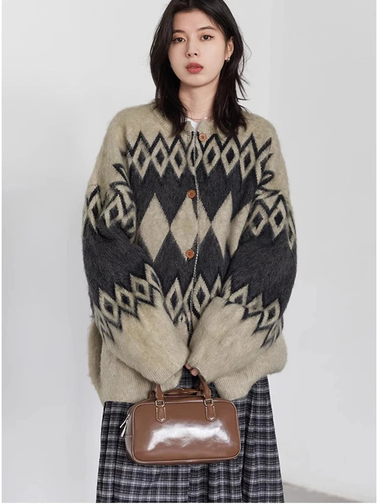 Women’s Oversized Argyle Knit Cardigan | Vintage Geometric Pattern Button-Up Cozy Sweater Jacket