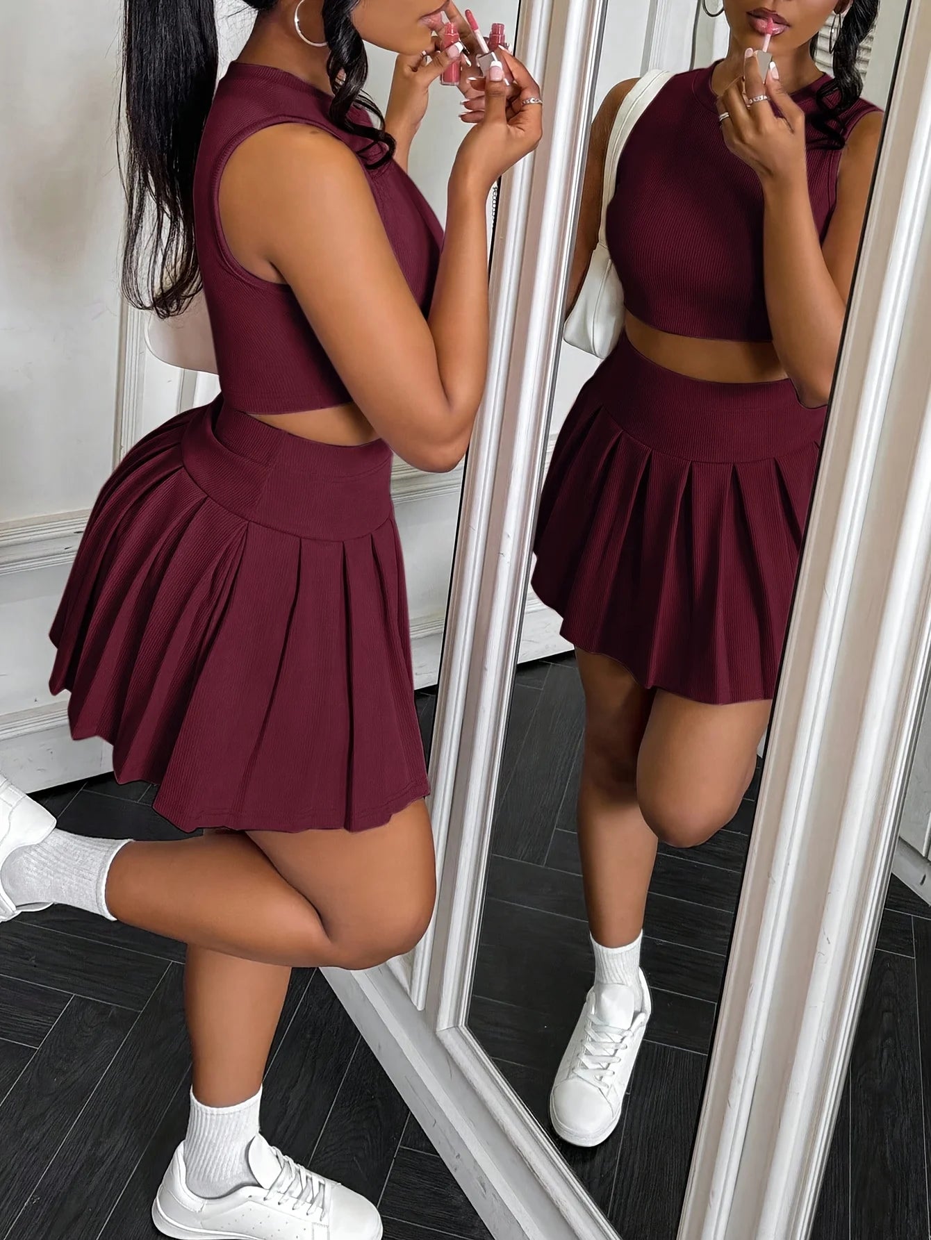 Women's Sleeveless Crop Top & Pleated Skater Skirt Co-Ord Set | Trendy Two Piece Tennis Style Outfit