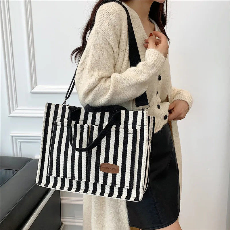 Striped Canvas Tote Bag for Women | Large Capacity Shoulder Handbag | Casual Travel Shopper Purse | Everyday Utility Tote