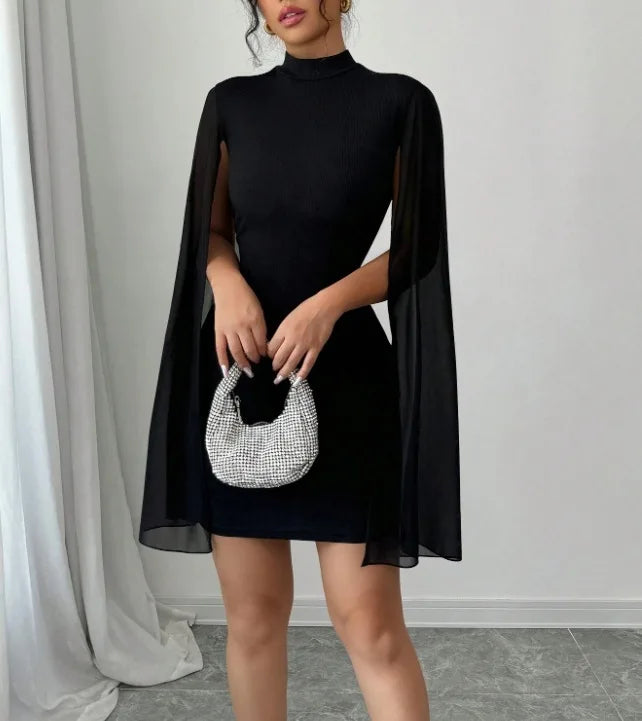 Black Cape Sleeve Mini Dress Women | High Neck Elegant Party Dress