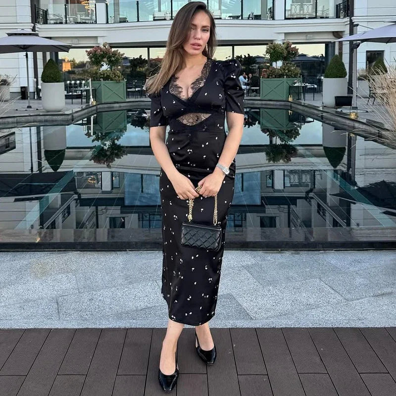 Lace Satin Midi Dress Women | V Neck Elegant Evening Dress with Puff Sleeves