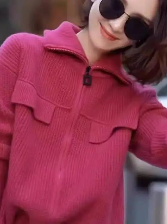 Women’s Ribbed Zip Up Knit Sweater Jacket | Cozy Pink Collared Cardigan Top