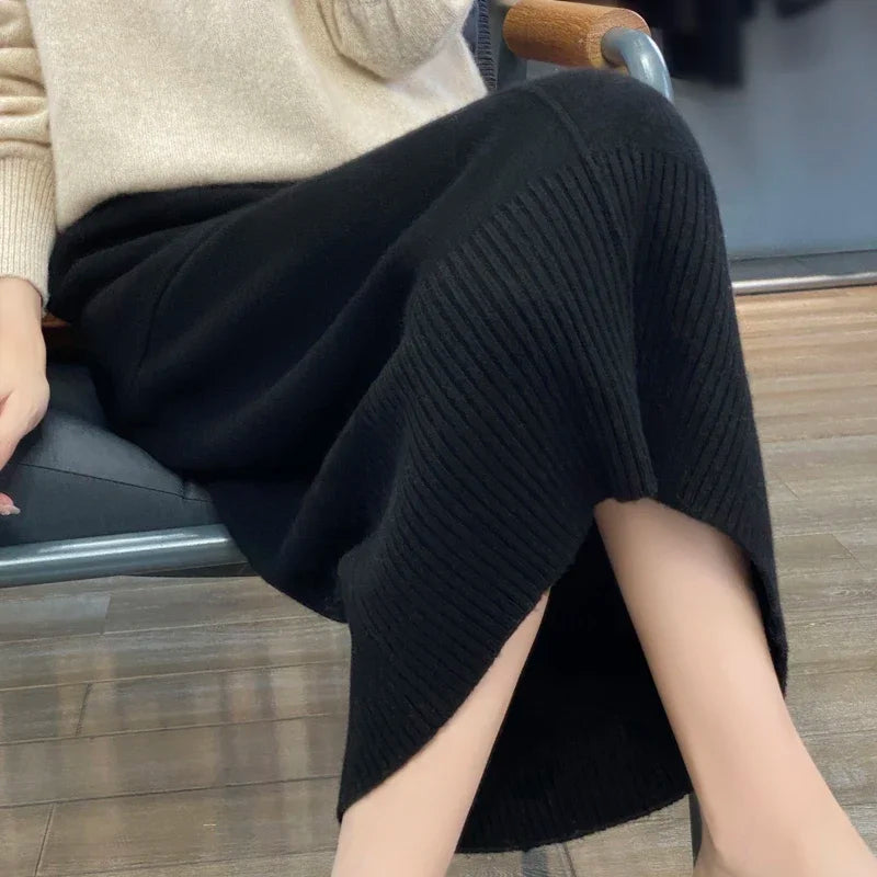Women Ribbed Knit Midi Skirt High Waist Pocket Detail Straight Skirt
