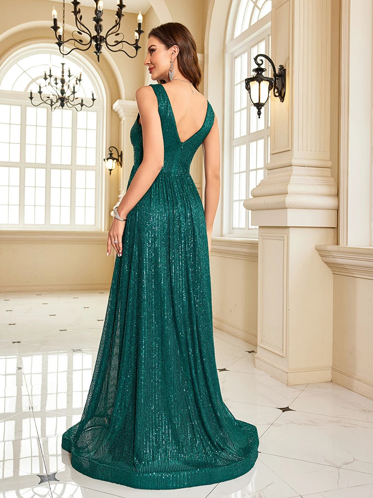 Women’s Emerald Green Glitter Chiffon Evening Gown | Sleeveless V-Neck Formal Maxi Dress for Weddings, Galas, Bridesmaids & Special Occasions