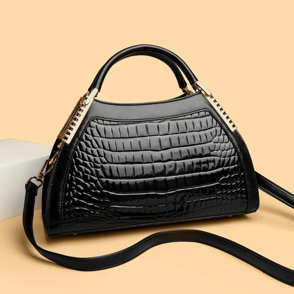 Black Crocodile Embossed Top Handle Handbag for Women | Luxury Patent Leather Satchel | Elegant Shoulder & Crossbody Purse