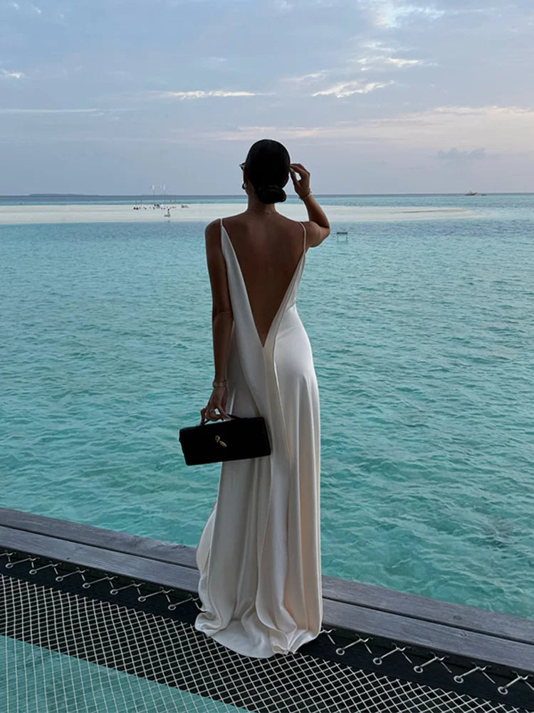 Women’s White Satin Slip Maxi Dress | Backless Cowl Neck Evening Gown with High Slit for Weddings & Resort Wear