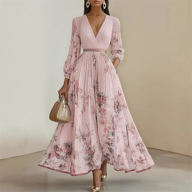 Floral Maxi Dress Women | Long Sleeve V Neck A Line Evening Dress