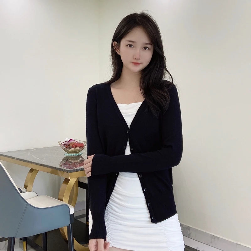 Women’s Black Lightweight Knit Cardigan | Slim Fit Button-Up V Neck Layering Sweater for Everyday Wear