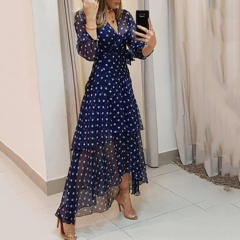 Women’s Navy Blue Polka Dot Wrap Maxi Dress | Long Sleeve High Low Chiffon Dress for Weddings, Brunch, Vacation & Special Occasions