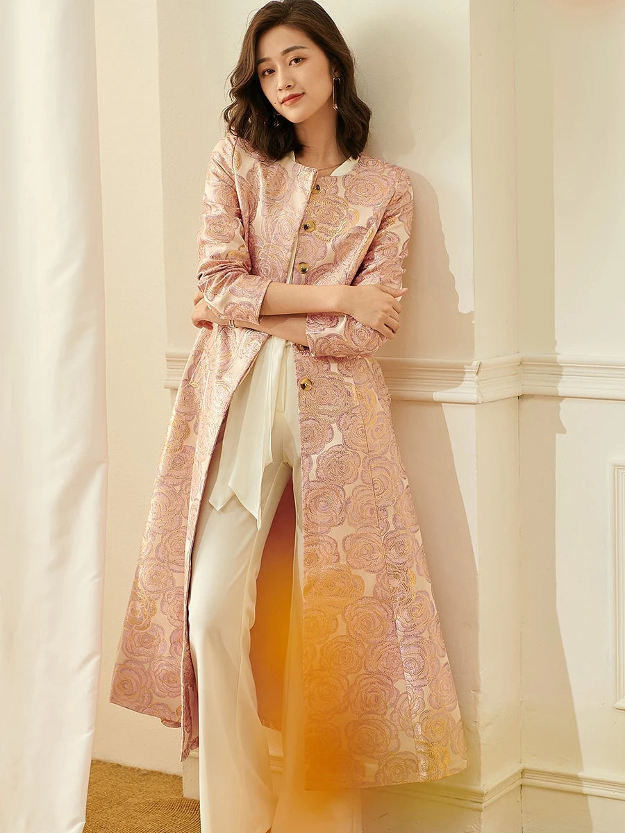 Women’s Elegant Floral Jacquard Maxi Coat Dress | Vintage Inspired Long Jacket