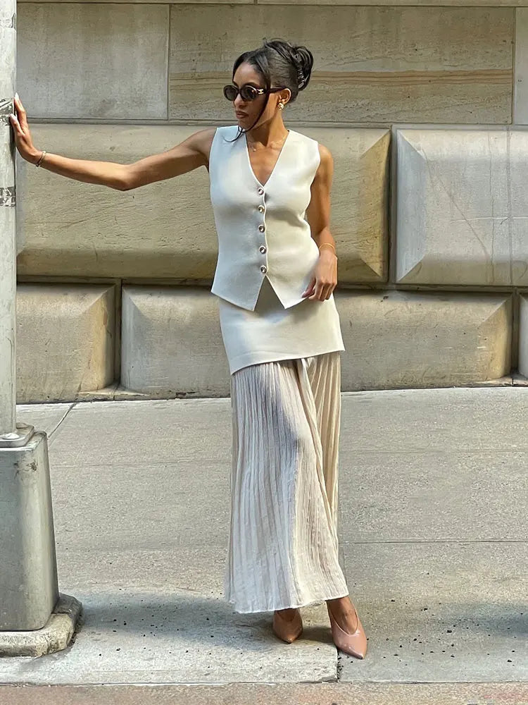 Women's Tailored Waistcoat & Pleated Maxi Skirt Co-Ord Set | Elegant Two Piece Occasion Outfit