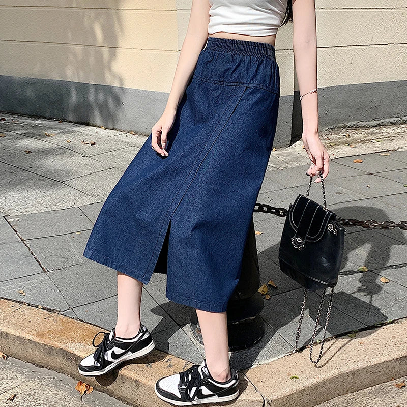Women High Waist Denim Culottes Wide Leg Cropped Jeans Palazzo Skirt Pants