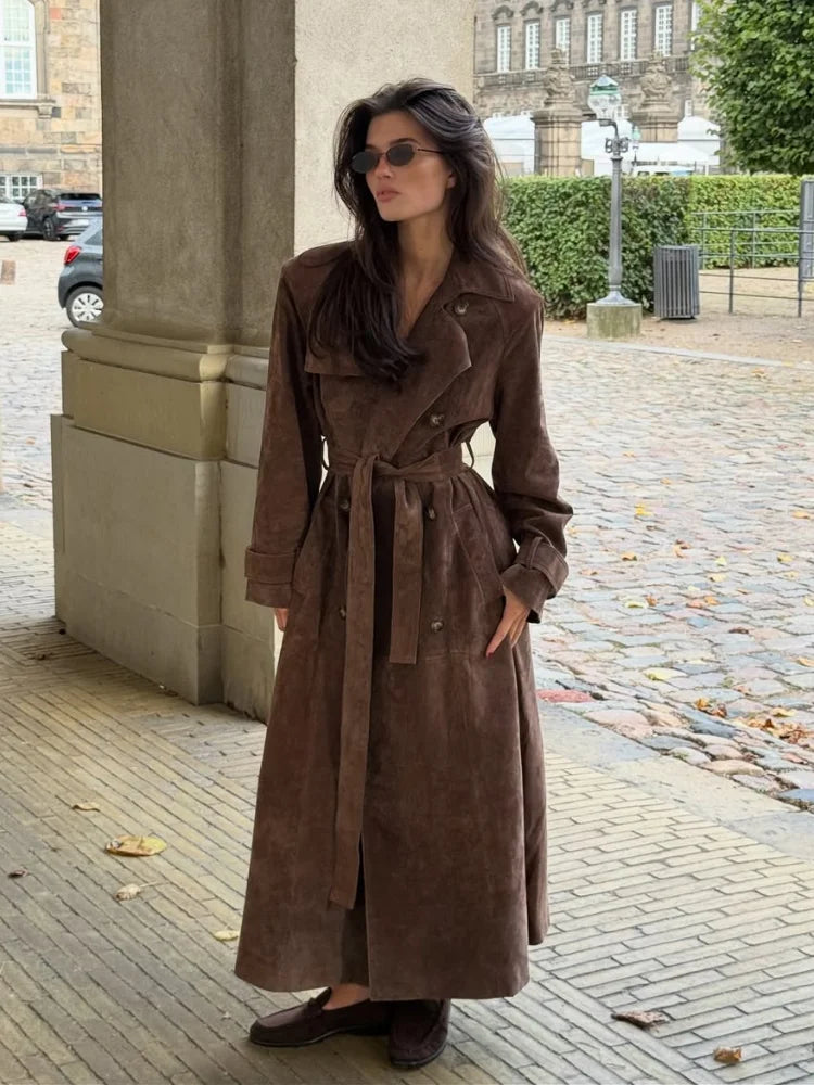 Women’s Vintage Brown Faux Leather Trench Coat | Long Belted Double Breasted Overcoat