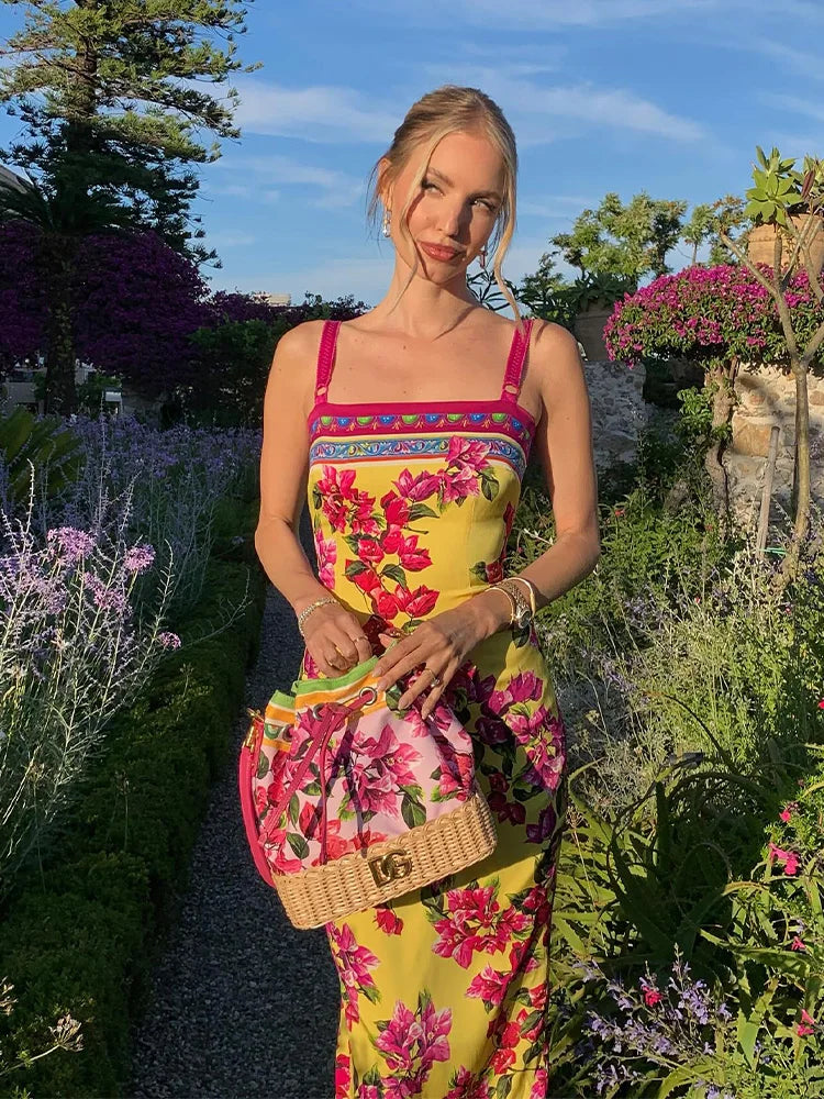 Yellow Floral Midi Dress Women | Summer Bodycon Sundress