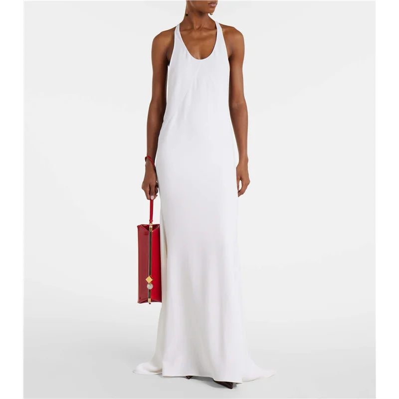 Women’s White Backless Maxi Dress | Elegant Racerback Sleeveless Evening Gown for Resort, Beach & Special Occasions