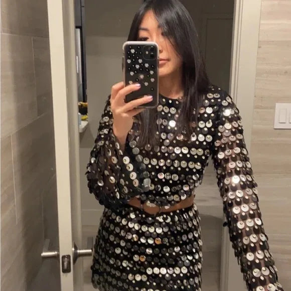 Women’s Black Sequin Cut-Out Mini Dress | Long Sleeve Sparkly Party Dress for Clubwear, Birthdays & Night Out
