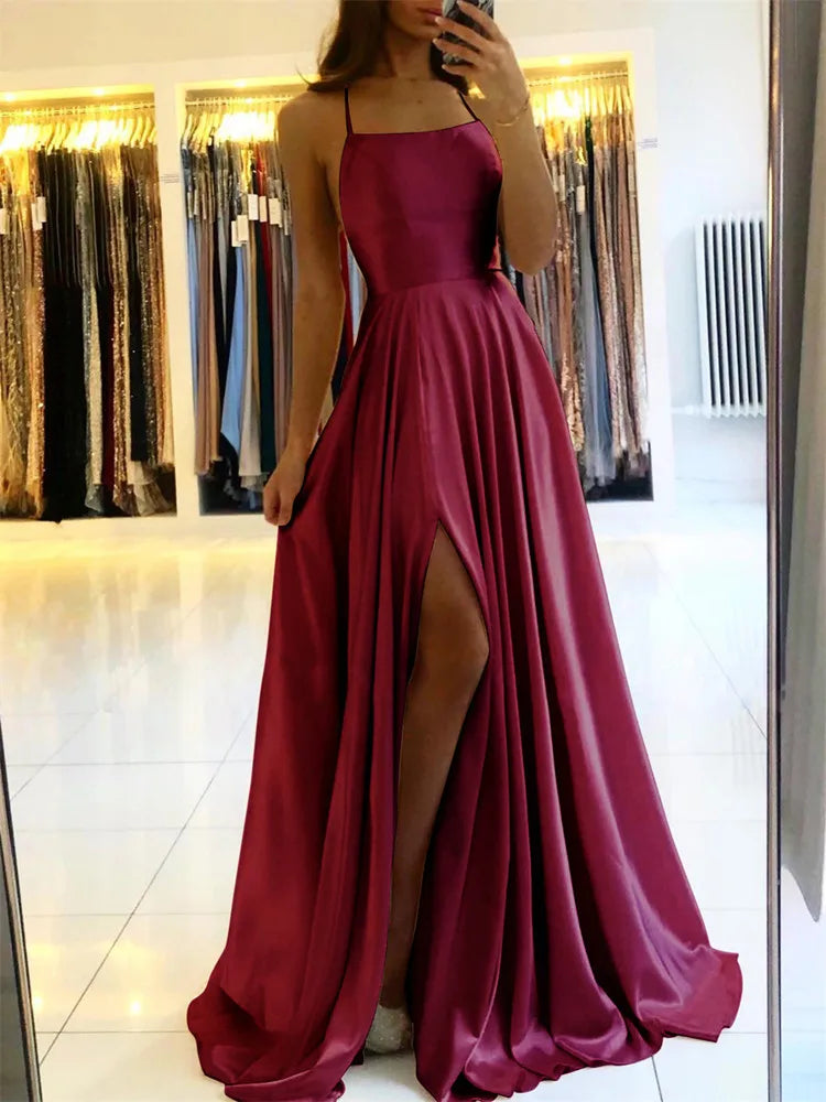 Satin Maxi Dress Women | Spaghetti Strap A Line Evening Party Dress