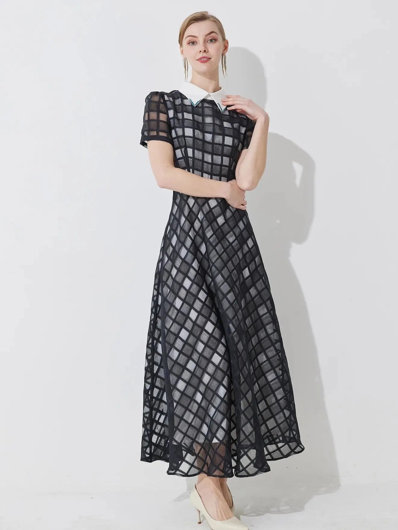 Mesh A Line Midi Dress Women | Short Sleeve Collared Elegant Party Dress
