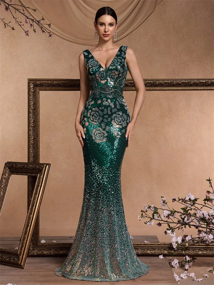 Women’s Emerald Green Sequin Mermaid Evening Gown | V-Neck Floral Beaded Formal Dress for Prom, Galas, Weddings & Black Tie Events