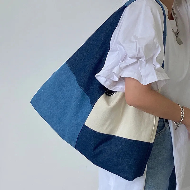 Denim Hobo Shoulder Bag for Women | Casual Patchwork Tote Handbag | Minimalist Everyday Purse | Trendy Denim Carry Bag