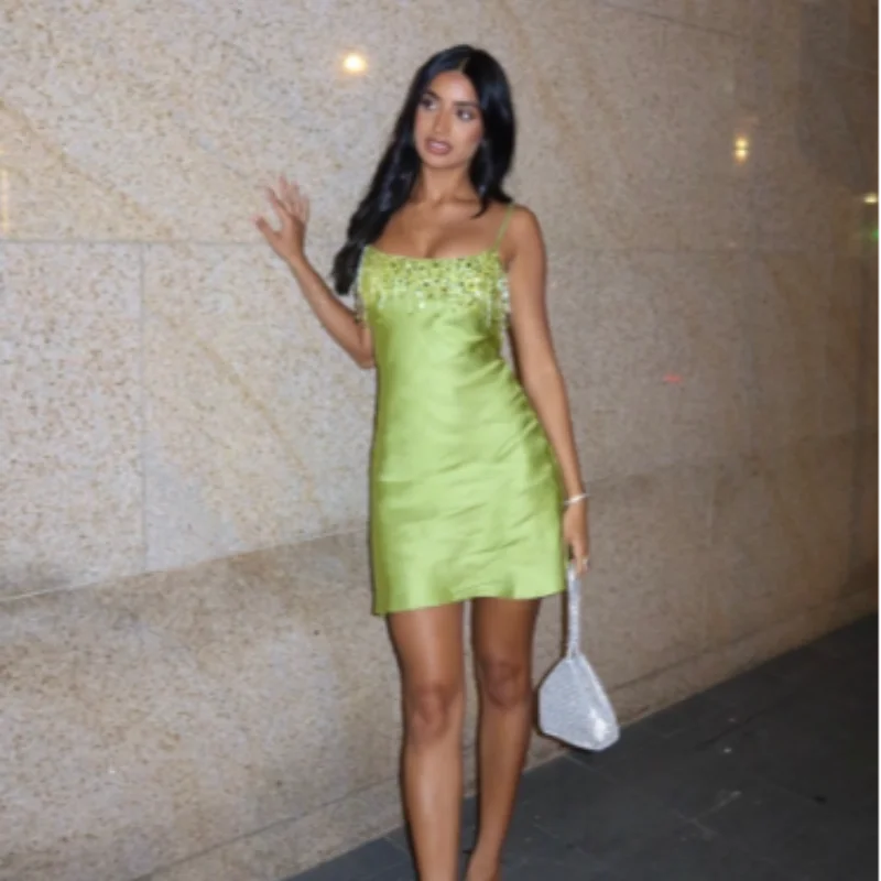 Women’s Lime Green Sequin Satin Mini Dress | Sparkly Fringe Bodycon Party Dress for Clubwear & Vacation Nights
