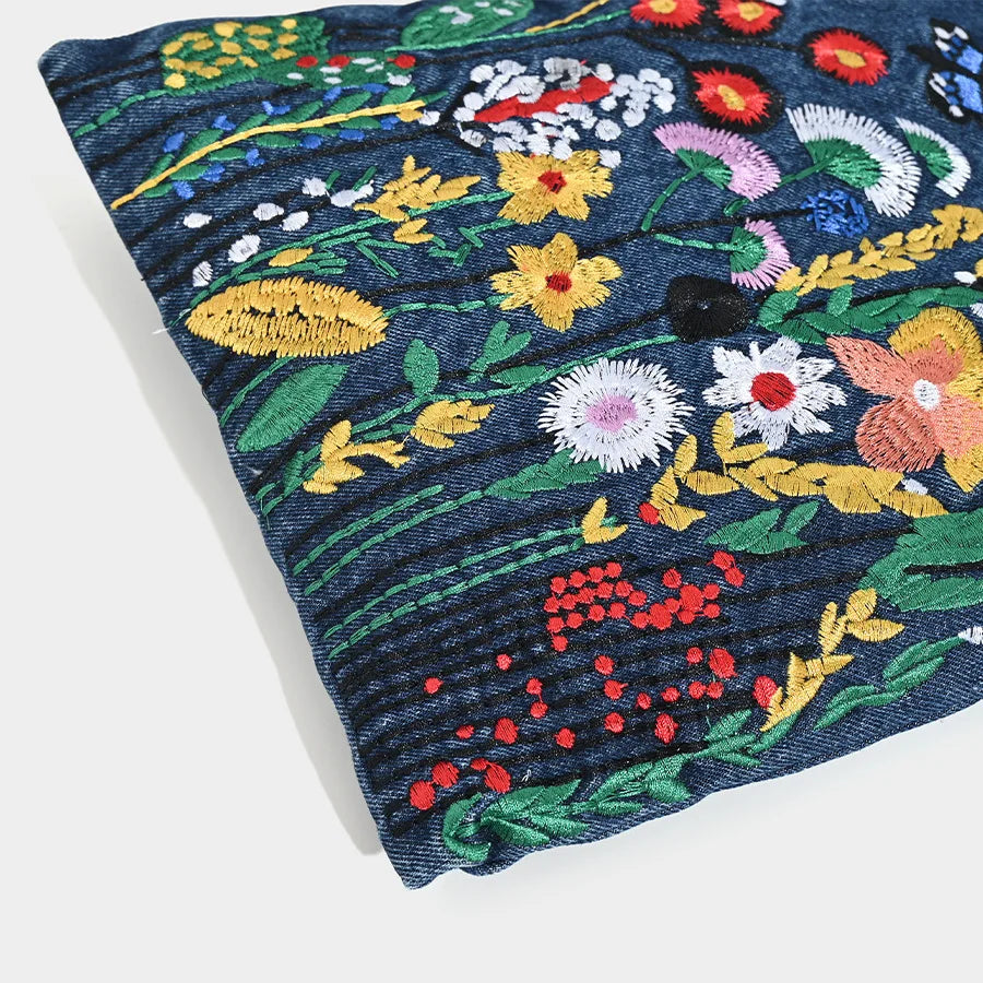 Embroidered Denim Shoulder Bag for Women | Floral Chain Crossbody Purse | Vintage Casual Handbag | Trendy Everyday Tote