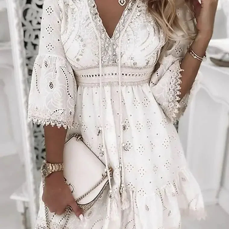 Boho Embroidered Mini Dress | Lace Summer Beach Dress