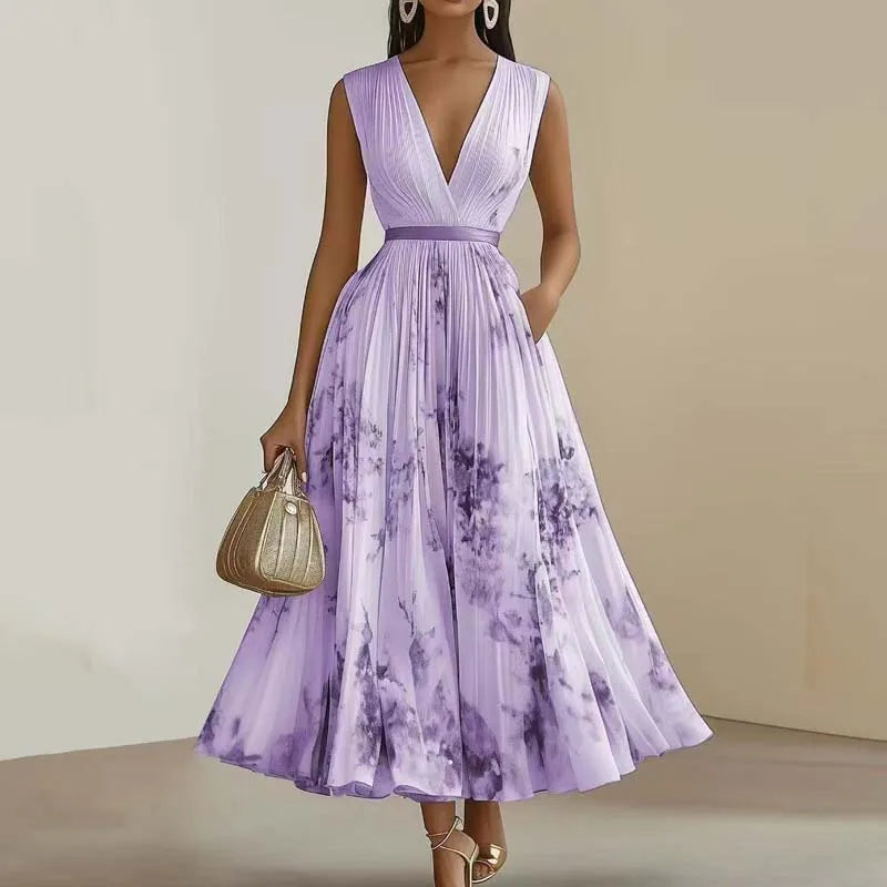 Pleated Midi Dress Women | V Neck Sleeveless A Line Elegant Dress