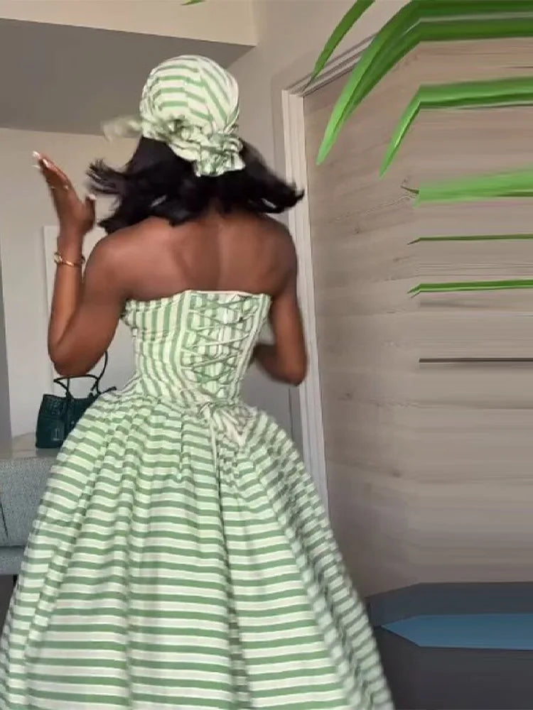 Women’s Sage Green Stripe Corset Midi Dress | Strapless Fit & Flare Ball Gown Dress for Garden Parties, Tea Parties & Special Occasions
