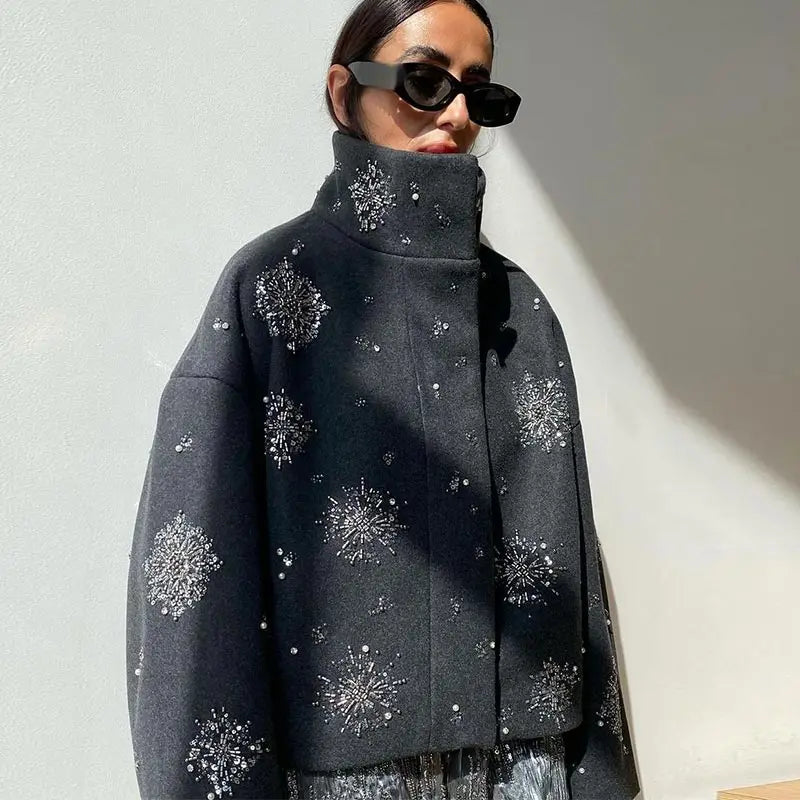 Women’s Embellished Wool Coat | Luxury Oversized High Neck Jacket