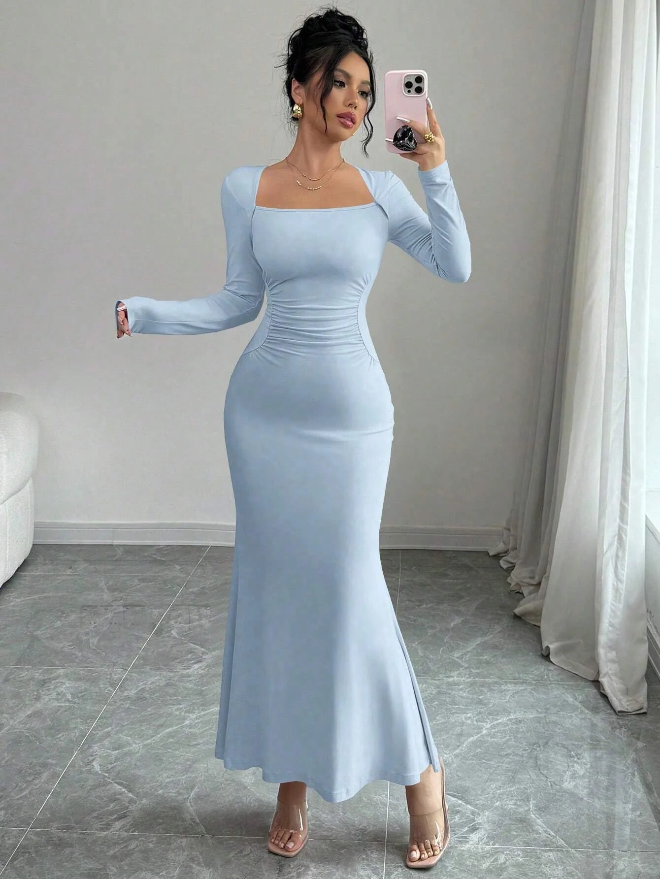 Women’s Square Neck Maxi Dress | Long Sleeve Ruched Bodycon Mermaid Dress for Weddings, Date Nights & Elegant Evening Wear