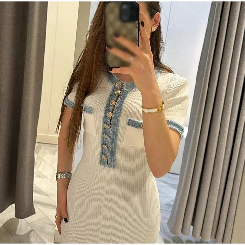 Women’s Cream Knit Maxi Dress | Vintage Button Detail Bodycon Dress for Elegant Casual & Vacation Wear