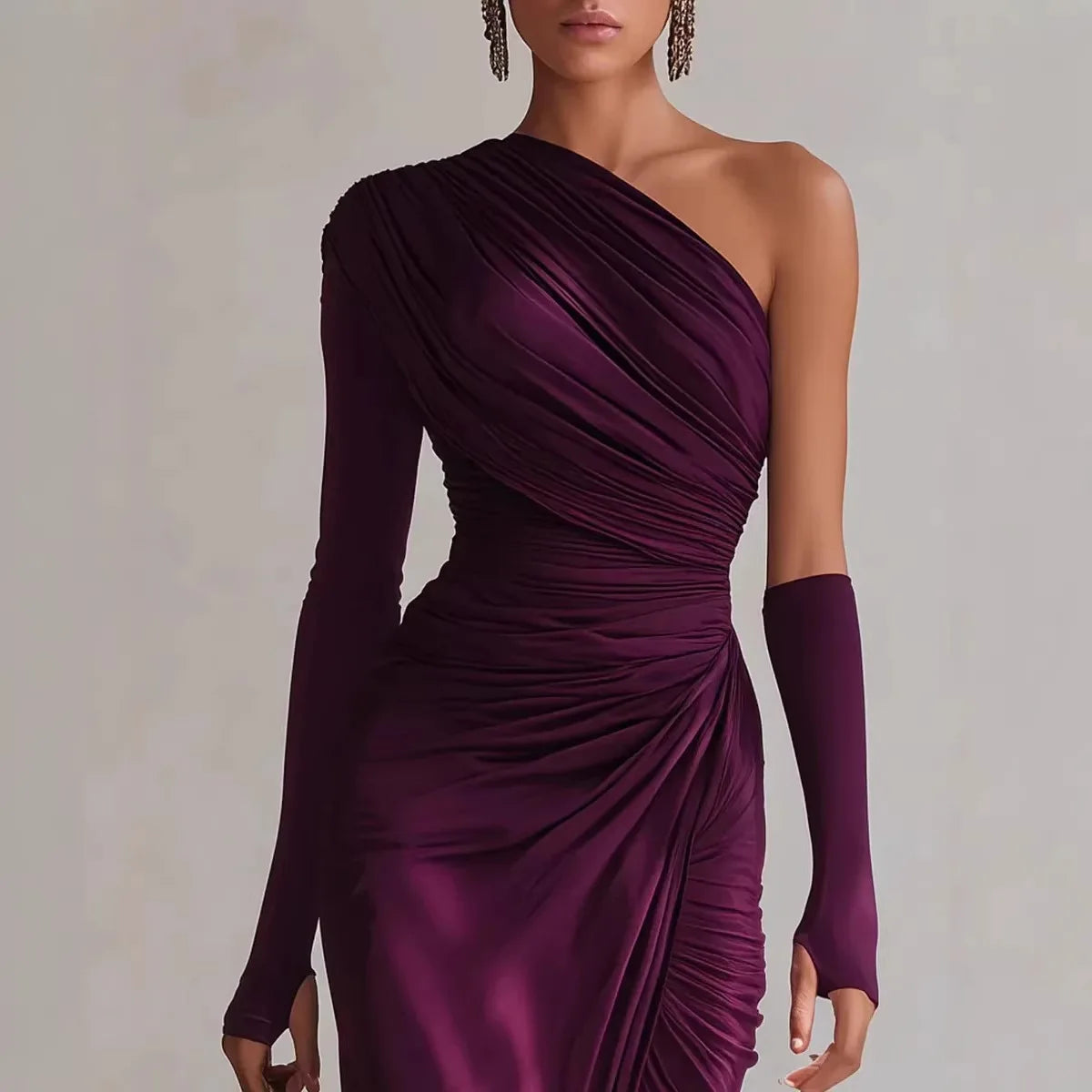 Women’s Burgundy One Shoulder Satin Maxi Dress | Ruched Asymmetrical Evening Gown with Long Sleeve for Weddings, Galas & Formal Events