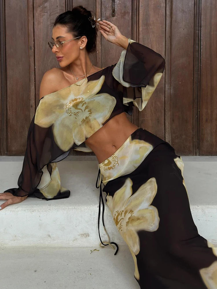 Women's One Shoulder Crop Top & Maxi Skirt Co-Ord Set | Floral Print Resort Two Piece Outfit