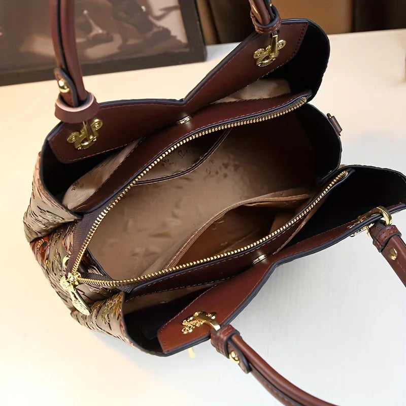 Vintage Floral Handbag for Women | Elegant Designer Shoulder Tote | Embossed Leather Crossbody Purse | Fashion Everyday Bag