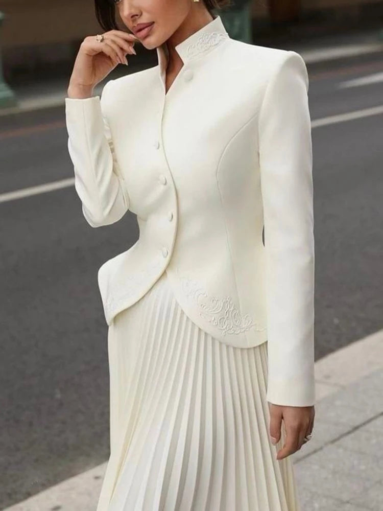 Women's Embroidered Tailored Jacket & Pleated Midi Skirt Co-Ord Set | Elegant Formal Occasion Outfit