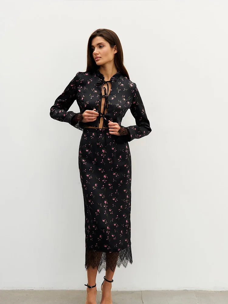 Women's Floral Tie Front Crop Top & Midi Skirt Co-Ord Set | Vintage Inspired Two Piece Outfit