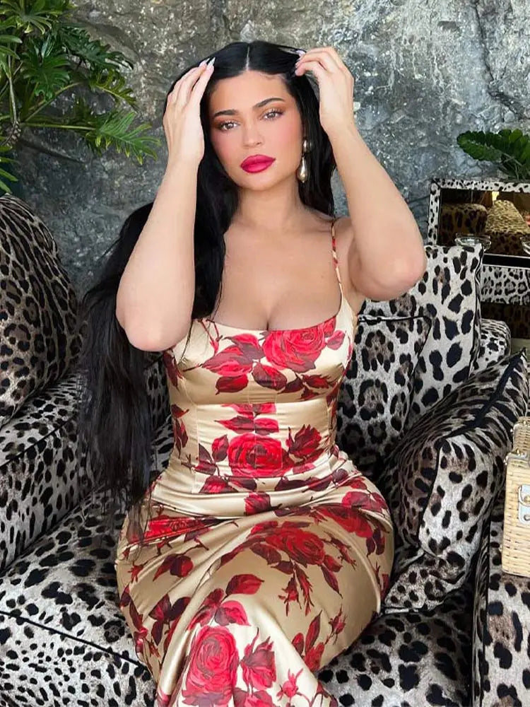 Beige Rose Midi Dress Women | Floral Slip Bodycon Dress